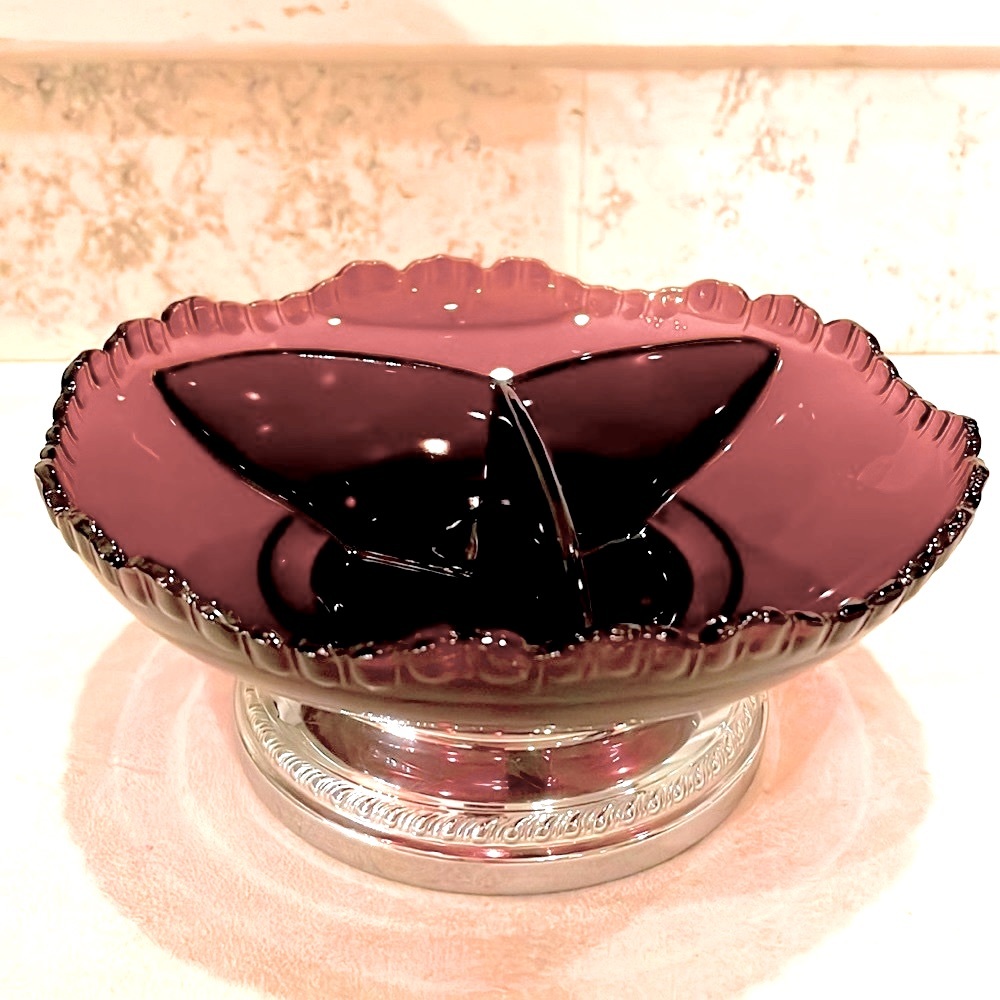 Farber Bros Krome Kraft 3 Part Amethyst Divided Dish Vintage Excellent Condition